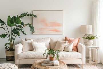 Peach and Tropical Accents in the Sophisticated Minimal Living Room