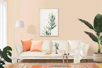 Sophisticated Minimal Living Room with Peach & Tropical Accents: Serene Stylish Environment