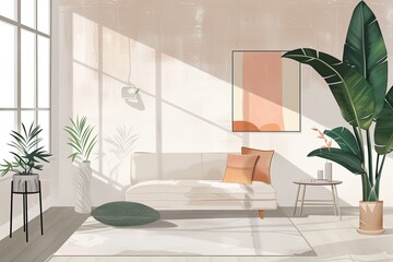 Sophisticated Minimal Living Room with Peach Accents and Tropical Foliage