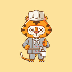 Cute tiger chef cook serve food animal chibi character mascot icon flat line art style illustration concept cartoon