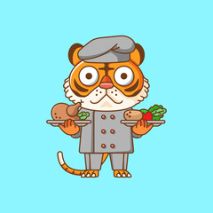 Cute tiger chef cook serve food animal chibi character mascot icon flat line art style illustration concept cartoon