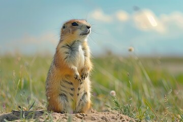 Naklejka na ściany i meble A vigilant prairie dog standing upright on a grassy knoll, on the lookout for danger, a symbol of alertness