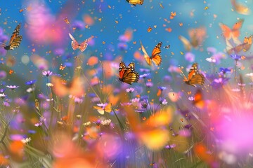 kaleidoscope of butterflies fluttering around a wildflower meadow, a burst of color against the greenery Monarch butterfly, Danaus plexippus, resting on a flowering plant in a butterfly 
