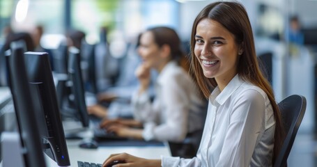 Happy young employee using computer in modern office with colleagues. Beautiful manager smiling, working on financial and marketing projects. AI Generated
