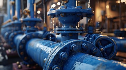 Close-up of blue water pump valves in operation at an industrial plant, showcasing fluid dynamics