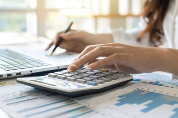 Close-up of businesswoman hands using a calculator to check company finances, earnings and budget. Accountant calculating monthly expenses, papers, loan documents, invoices. AI Generated
