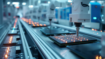 computer chips assembly line in manufacturing plant, modern electronics production factory 