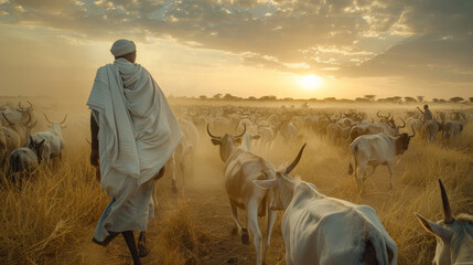 A man is walking through a field with a herd of cattle