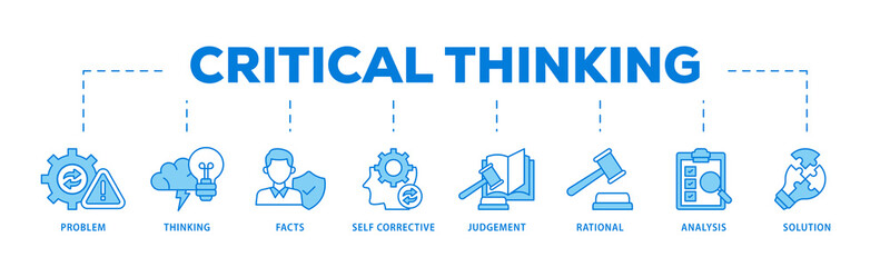 Critical thinking icons process flow web banner illustration of solution, analysis, self corrective, rational, judgement, facts, thinking, problem icon live stroke and easy to edit 