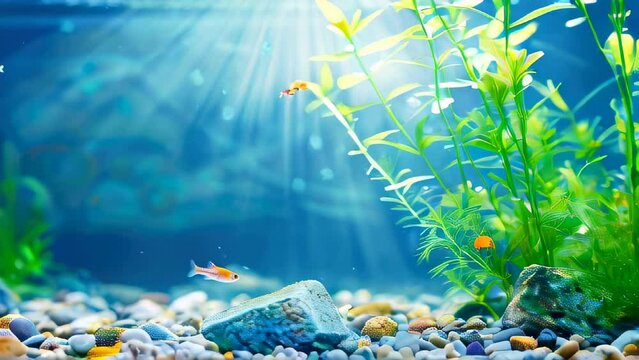 Brightly lit aquarium with small fish and aquatic plants under sun rays