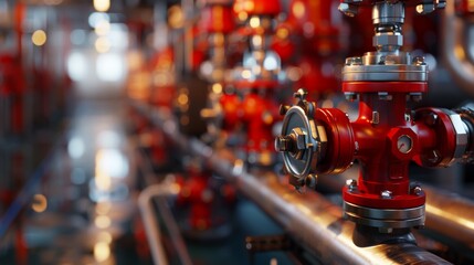 Ultra-realistic wet fire protection valves with droplets in industrial settinG