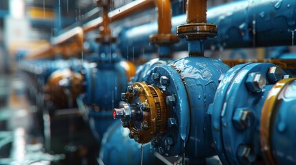 Obraz premium Close-up of blue water pump valves in operation at an industrial plant, showcasing fluid dynamics