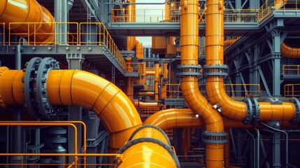 Complex maze of orange industrial pipes at a chemical processing plant