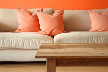 Stylish Modern Decor: Chic Peach Tones with Wooden Coffee Table