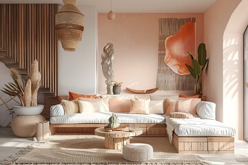 Eco-Conscious Peach Delight: Stylish Modern Decor with Wooden Accents