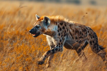 Hyena, detail portrait. Spotted hyena, Crocuta crocuta, angry animal near the water hole, dark forest with trees. Animal in nature, Okavango, Botswana. Wildlife Africa.portrait of spotted hyena. - obrazy, fototapety, plakaty