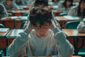 Sad and stressed young asian man taking an exam, grappling with the pressure of his career prospects amidst his challenging studies