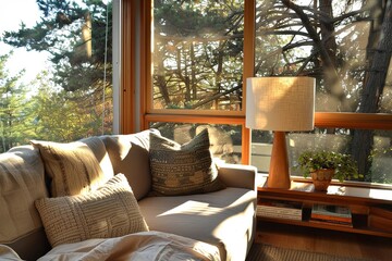 Sun-Drenched Eco-Friendly Living Room: Contemporary Comfort with Tree Views and Beige Lamp