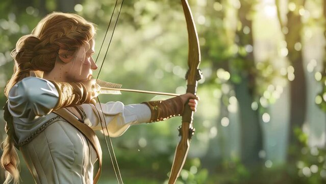 Woman in medieval attire aiming bow forest at sunset, animated motion background