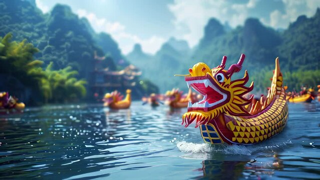 Dragon boats racing on river with scenic mountains in animated motion background