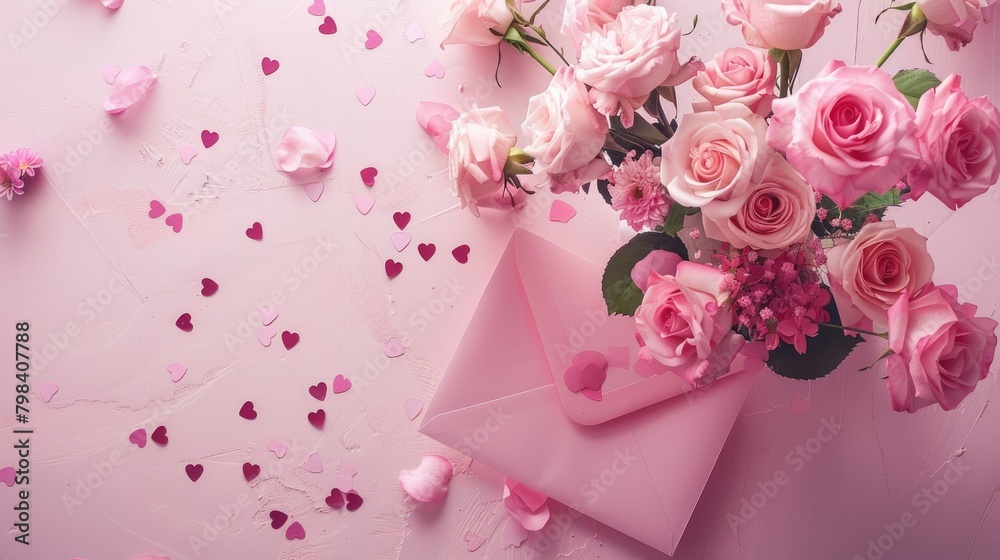 Canvas Prints A top down shot captures an open pink envelope a paper card a vase filled with delicate pink roses and heart shaped confetti scattered on a soft pastel pink table This charming scene is per