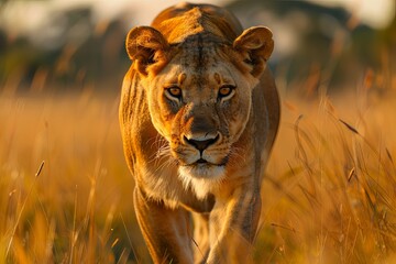  Side view of a Lion walking, looking at the camera, Panthera Leo, A lioness, Panthera leo, sitting on top of a mound, on a rocky , Single lion looking regal standing proudly on a Savannah grassland - obrazy, fototapety, plakaty