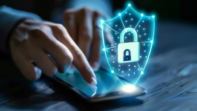 Hands use smartphone displaying glowing unlocked padlock and shield icons. Symbolizes the importance of both user-friendly access and robust cybersecurity measures on mobile devices. 