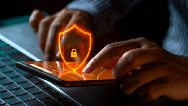 Hands use smartphone displaying glowing unlocked padlock and shield icons. Symbolizes the importance of both user-friendly access and robust cybersecurity measures on mobile devices. 