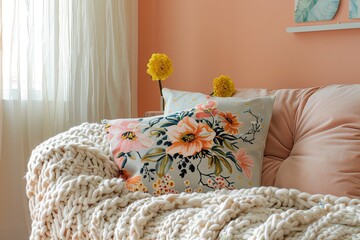 Trendy Peach-Toned Apartment with Eco Decor: Soft Cushions, Chunky Knit Throw & Floral Pillow Accents