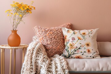 Trendy Eco Apartment: Peach-Toned Interior with Soft Cushions & Stylish Floral Accents