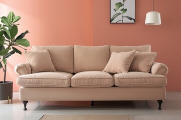 Peach-Colored Living Room Decor: Trendy Interior with Beige Sofa & Stylish Potted Plant