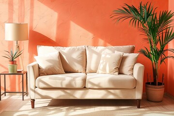 Peach-themed Living Room with Beige Sofa and Stylish Plant Decor