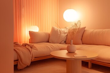 Cozy Living Room with Round Wooden Table, Soft Lighting, and Warm, Peach-Colored Interior