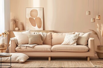 Peaceful Peach Haven: Sustainable Living Room with Beige Sofa Centerpiece
