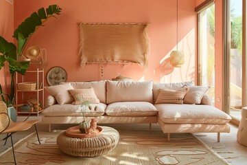 Peach Hues and Eco-Friendly Vibes: Trendy Living Room with Beige Sofa and Sustainable Elements