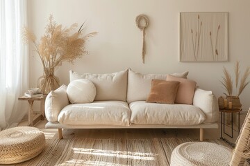 Trendy Peach Living Room: Beige Sofa & Sustainable Materials D�cor