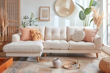 Peach Hues and Sustainable Chic: Beige Sofa in Trendy Living Room
