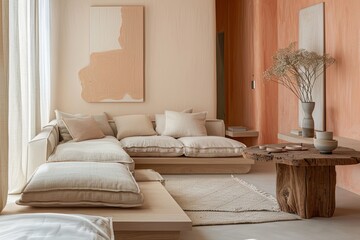 Fototapeta na wymiar Trendy Peach Decor: Contemporary Lounge Area with Soft Sofa and Stylish Wooden Table