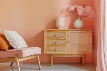 Trendy Peach Interior: Modern Wood Furniture & Delicate Pastel Cushion