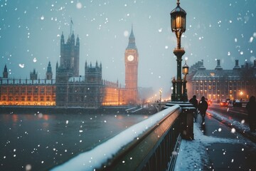 A snowing in London architecture building winter.