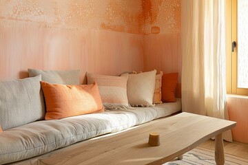 Modern Peach and Beige Lounge Room with Urban Flair and Cozy Sofa