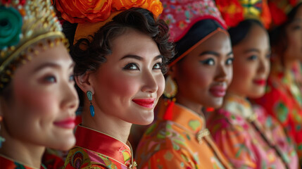 A group of women wearing traditional Asian clothing and hats