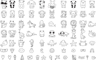 Animals Cartoon collection of wild animal pet characters, hand drawn,cartoon outline style .vector illustration