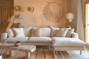 Chic Peach-Colored Living Room with Beige Sofa and Light Wood Accents