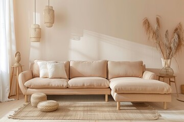 Beige Sofa Centerpiece: Trendy Peach-Colored Living Room with Light Wood Accents