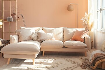 Trendy Peach-Colored Living Room Featuring Beige Sofa, Light Wood, and Serene Sustainable Decor