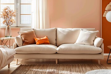 Fototapeta na wymiar Beige Sofa Centerpiece in a Trendy Peach-Colored Living Room: Stylish Orange Accent