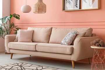 Peachy Chic: Beige Sofa Centerpiece in a Trendy Living Room with Modern Decor