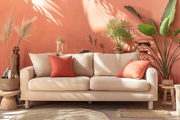 Trendy Peach-Colored Living Room with Beige Sofa and Botanical Decor