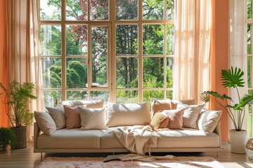 Peach-Colored Living Room with Nature Views: Beige Sofa Centerpiece